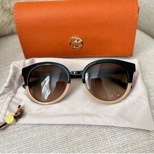 Tory Burch Two-Tone Black and Beige Round Sunglasses with Brown Gradient Lenses